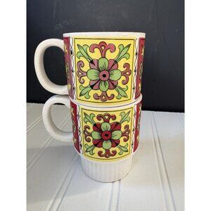 Vintage Stacking Mug Flower Geometrical Shapes Multicolor Pair Of 2